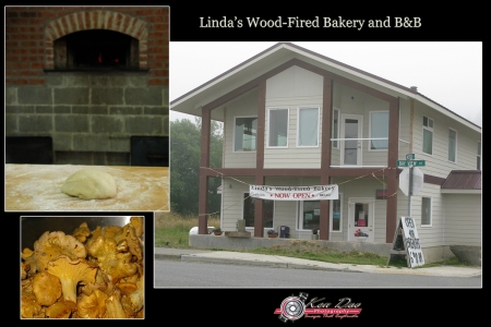 Linda wood-fired oven; Linda's hand-picked chantrelle mushrooms.